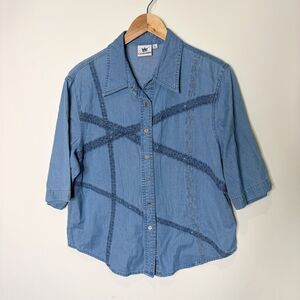 Lafei-Nier Button Up Short Sleeve Chambray Denim Lace Trim Boho Western Women L